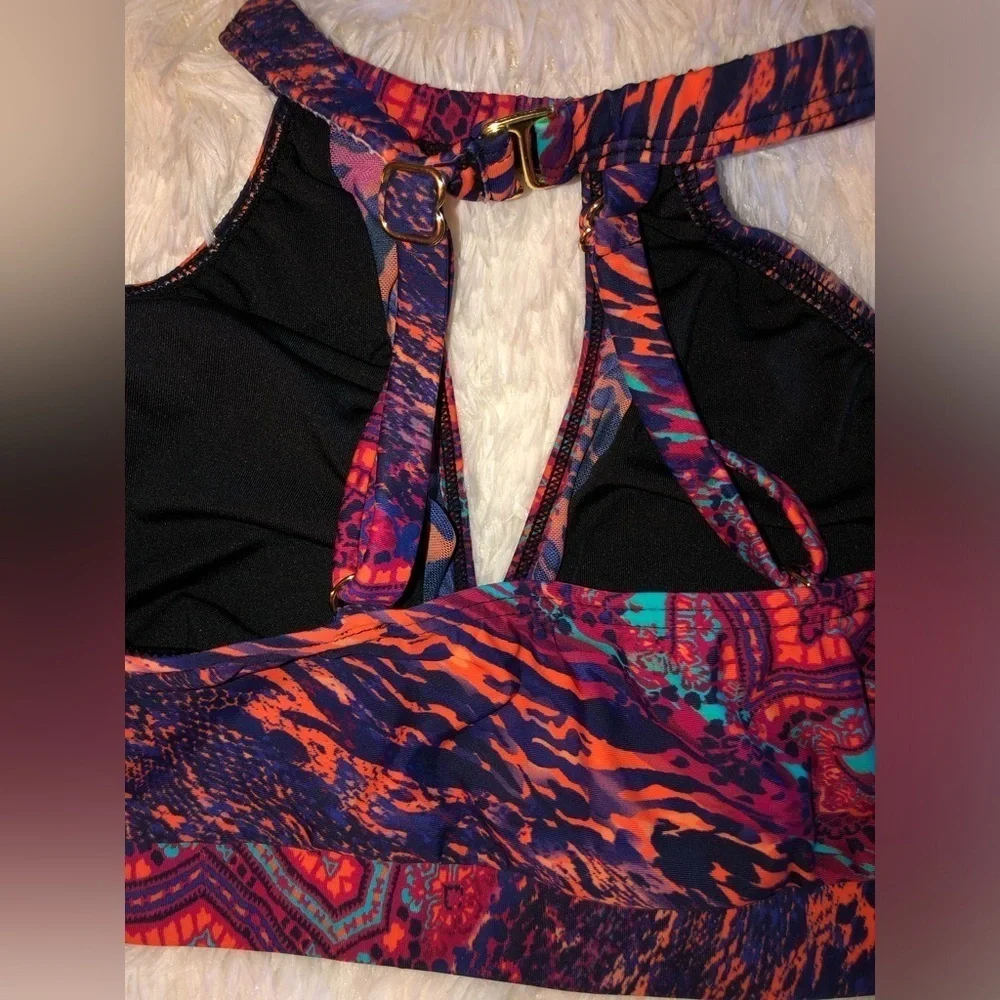 VENUS Pink and Teal Halter Bikini Top with Cut Out size 12